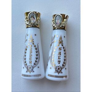 VTG Milk Glass Salt Pepper Shakers Religious Jesus Mary Gold Foil Set